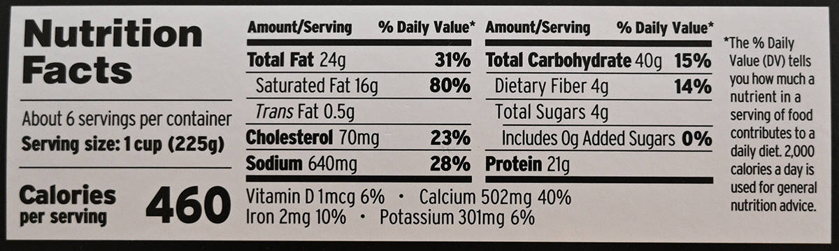 Image of the nutrition facts for the mac and cheese from the box.