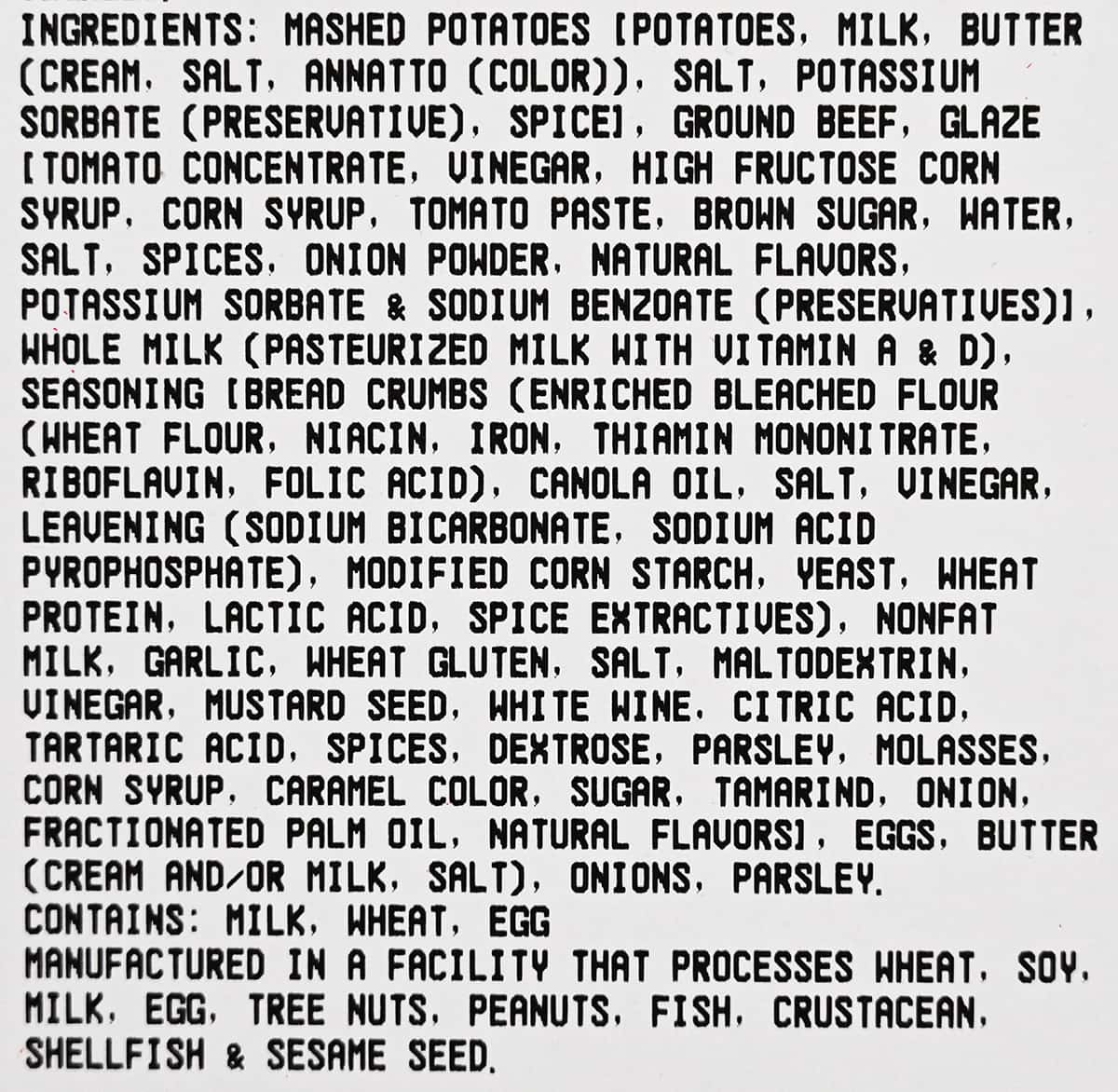 Image of the ingredients list for the meatloaf and mashed potatoes from the package.