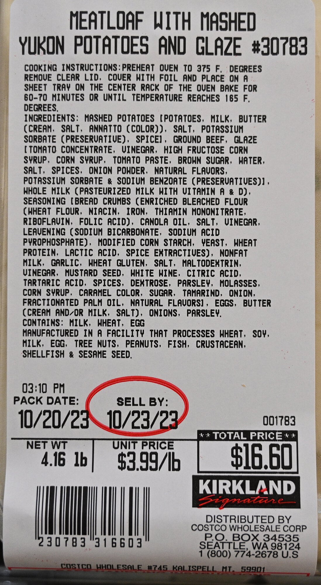 Closeup image of the front label on the meatloaf and mashed potatoes showing cost, ingredients and best before date.