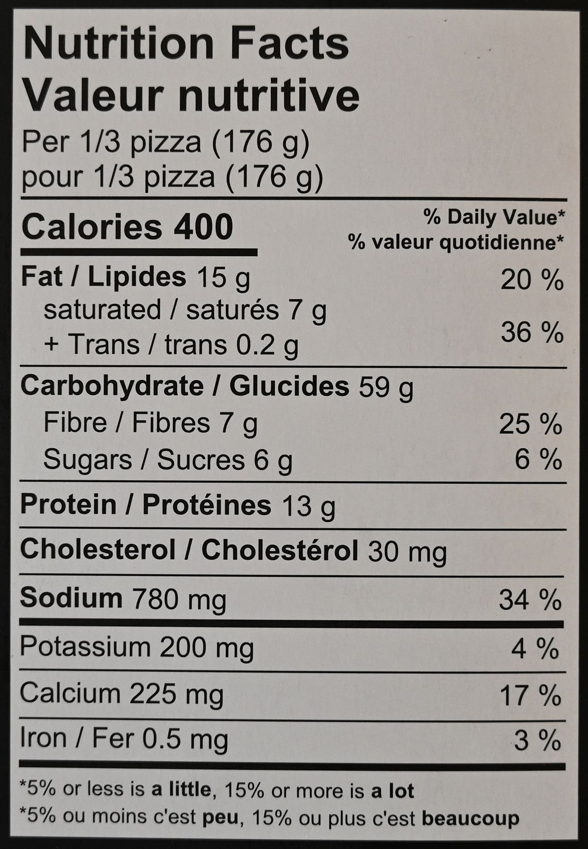 Image of the nutrition facts for the pizza from the box.