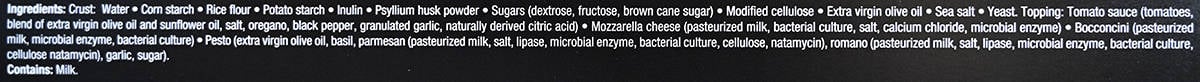 Image of the ingredients list for the pizza from the back of the box.