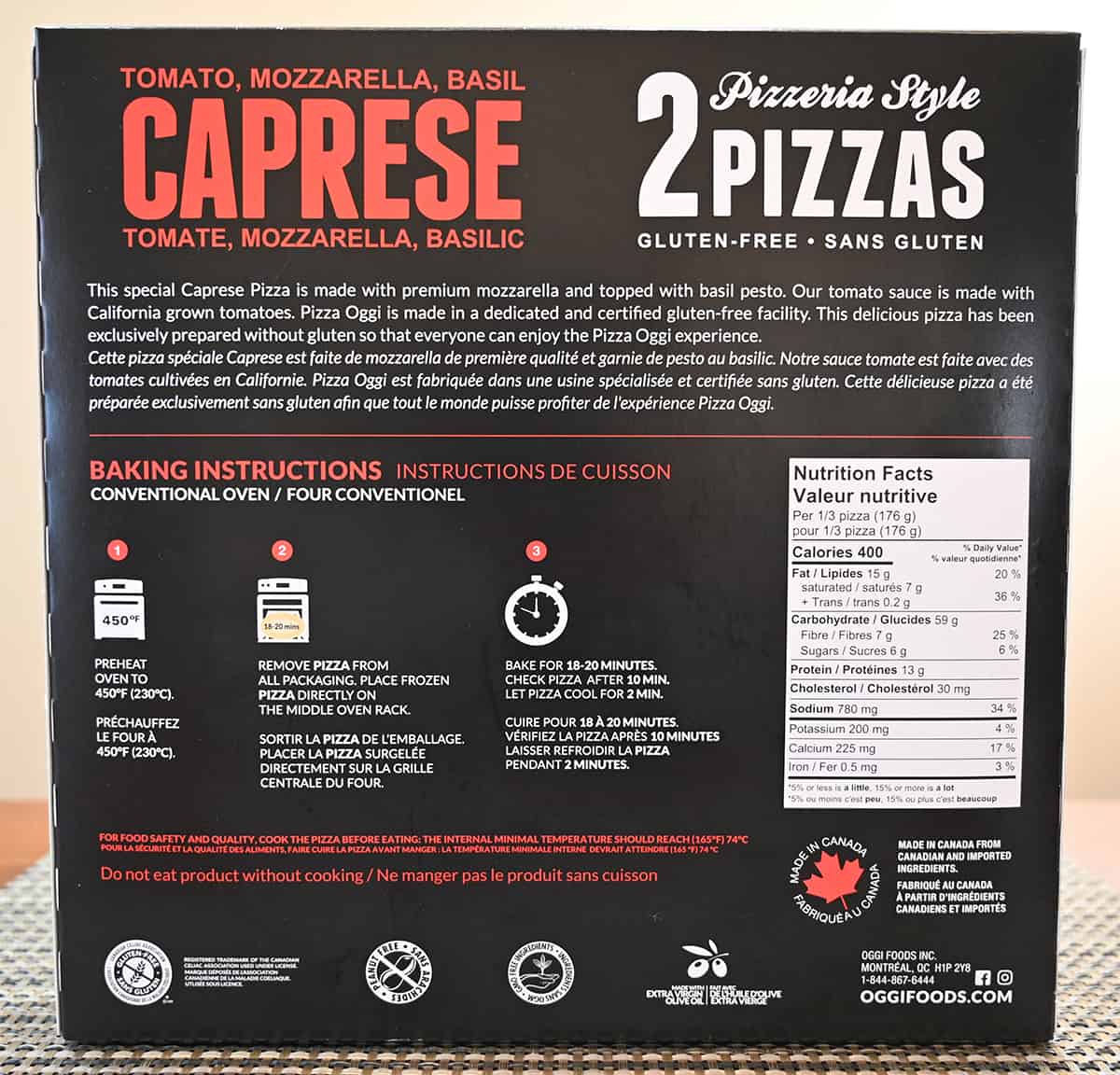 Image of the back of the pizza box showing cooking instructions, nutrition facts and where it was made. 