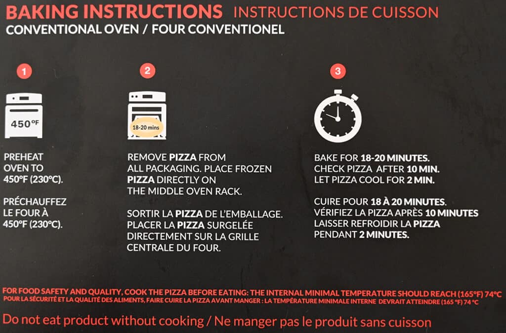Image of the baking instructions for the pizza from the back of the box.