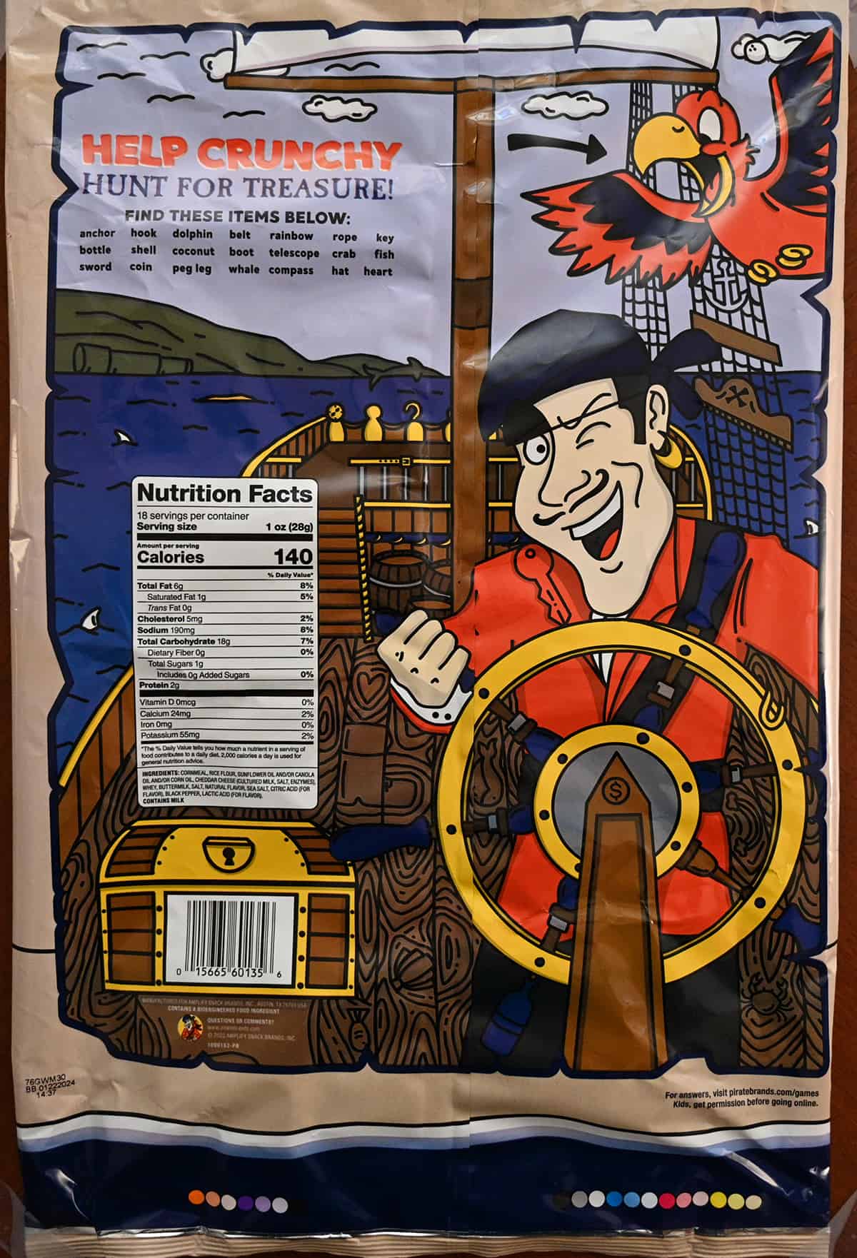 Image of the back of the bag of Pirate's Booty showing nutrition facts and a treasure hunt on the back of the bag.