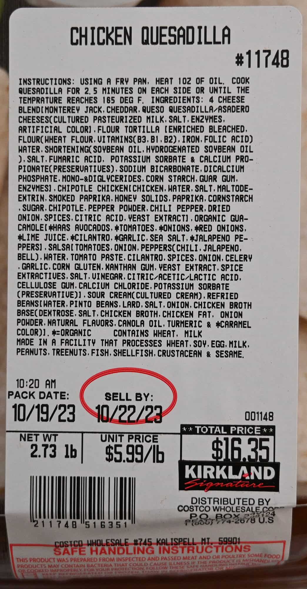 Closeup image of the front label on the quesadillas with the price, ingredients and best before date.