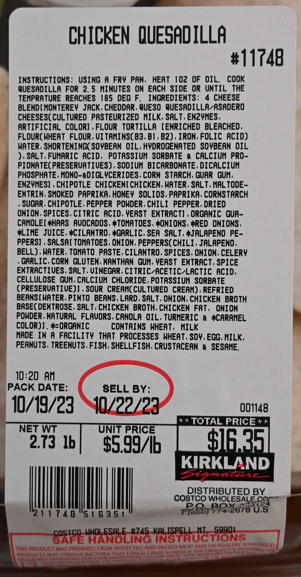 Closeup image of the front label on the quesadillas with the price, ingredients and best before date.