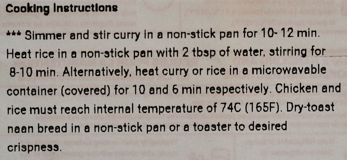 Image of the cooking instructions for the red thai chicken curry from the front label.