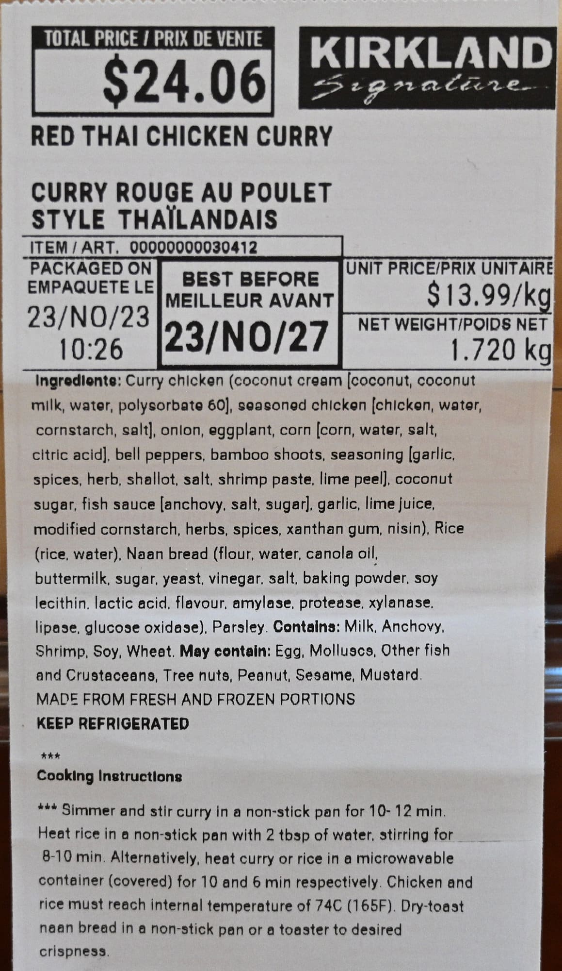Closeup image of the front label on the curry showing cost, ingredients and cooking instructions.