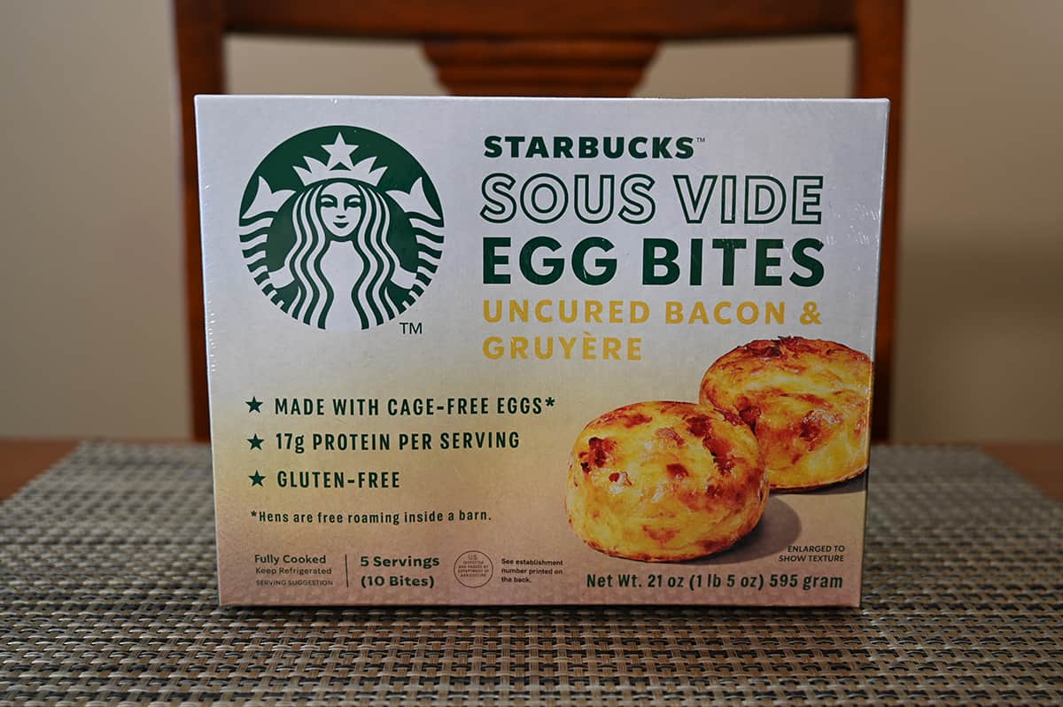 Image of the Costco Starbucks Sous Vide Egg Bites box sitting on a table unopened.