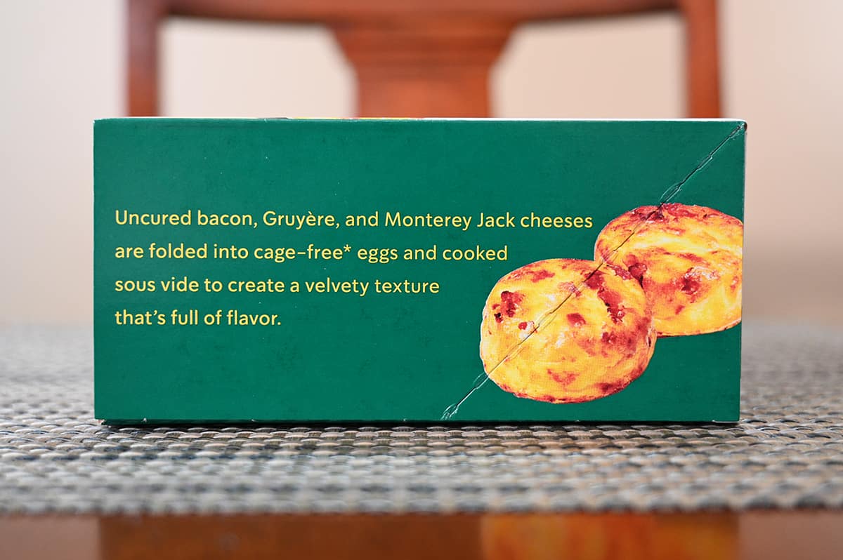 Side view image of the egg bites box showing the product description for the egg bites.