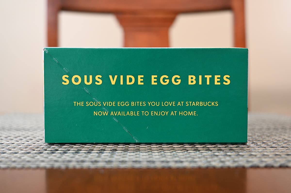 Side view image of the box of egg bites saying "the egg bites you love at Starbucks now available to enjoy at home".