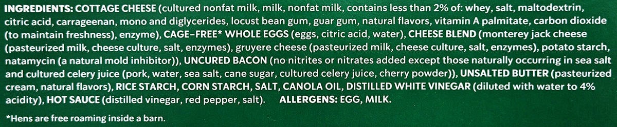 Image of the uncured bacon & gruyere ingredients list for the egg bites from the package.