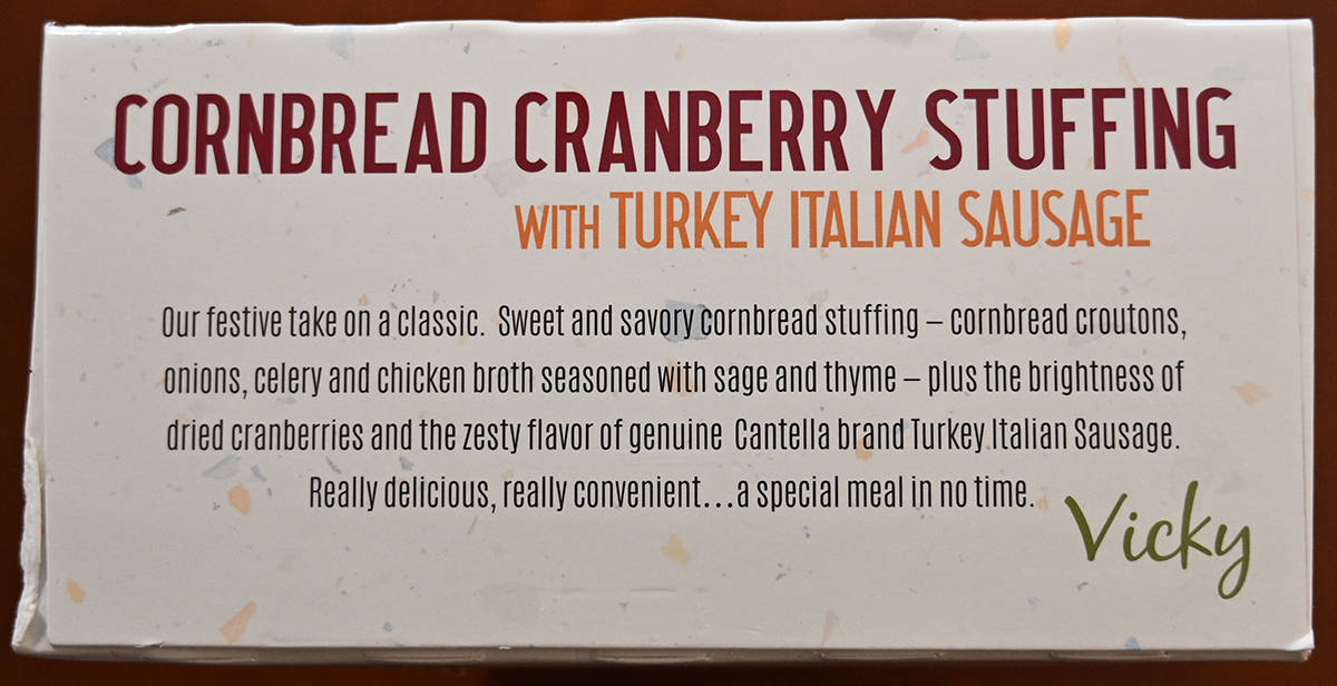 Image of the cornbread stuffing product description from the box.