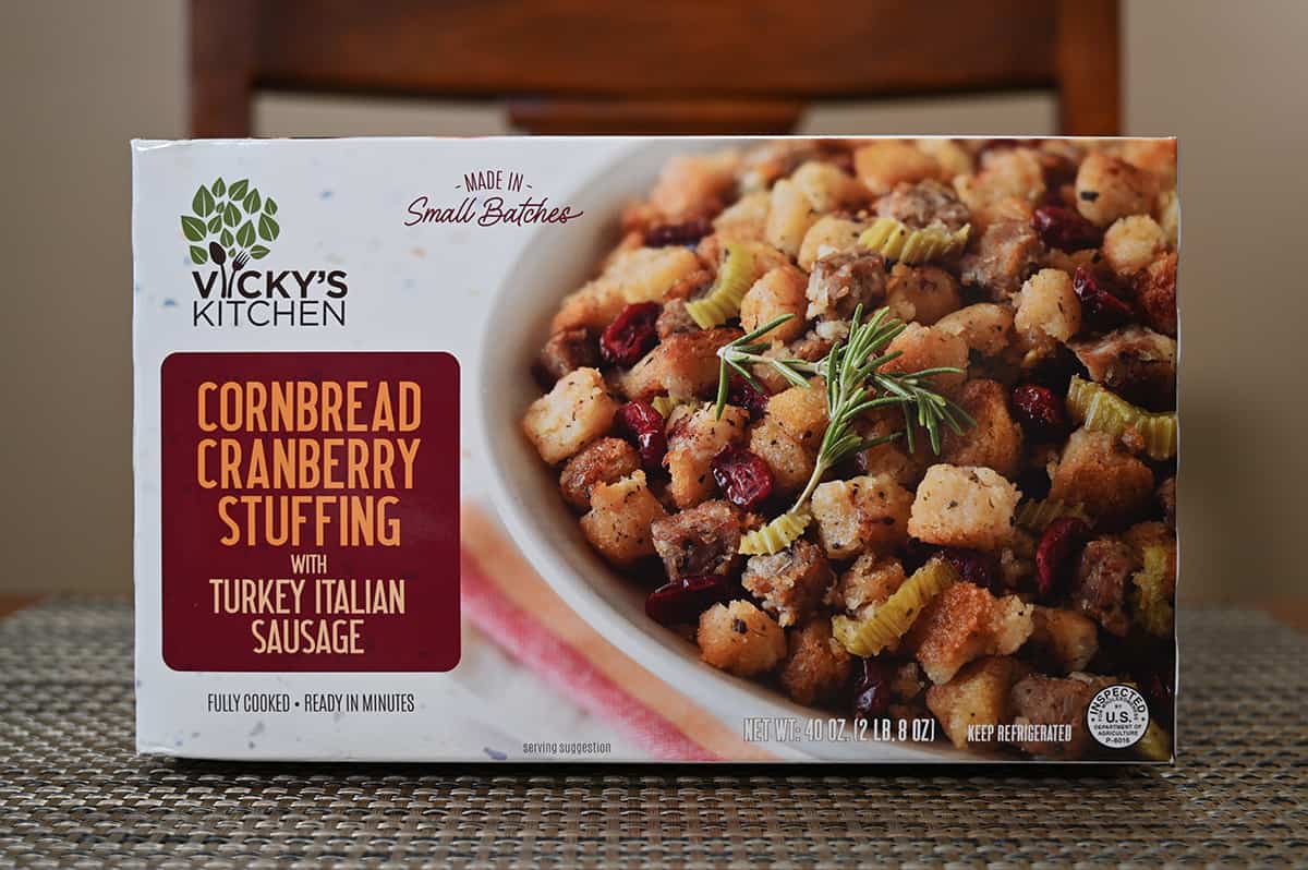 Image of the Costco Vicky's Kitchen Cranberry Cornbread Stuffing box unopened sitting on a table.