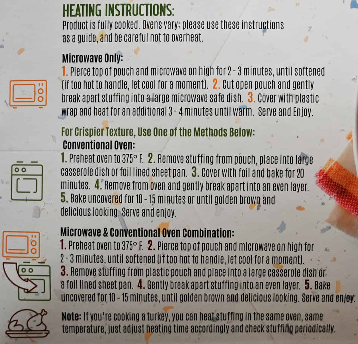 Image of the heating instructions for the stuffing from the back of the box.