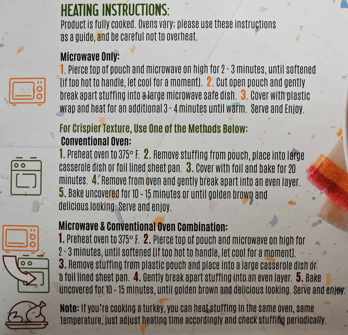 Image of the heating instructions for the stuffing from the back of the box.