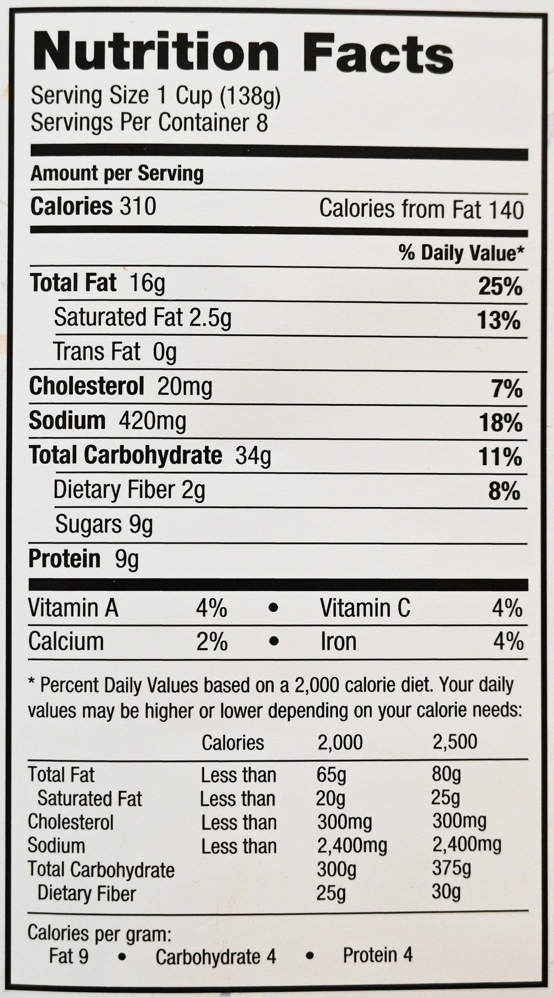 Image of the nutrition facts for the stuffing from the back of the box.