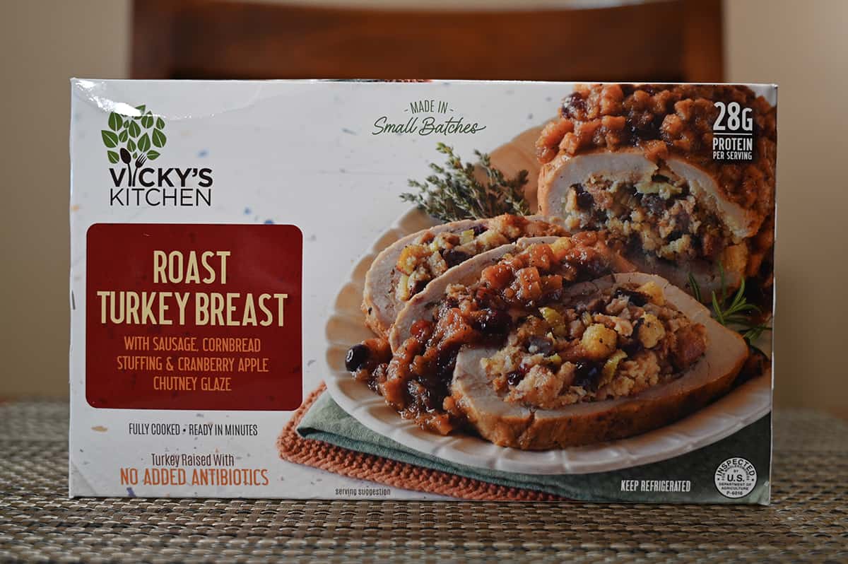 Sideview image of the Costco Vicky's Kitchen Roast Turkey Breast box unopened sitting on a table.