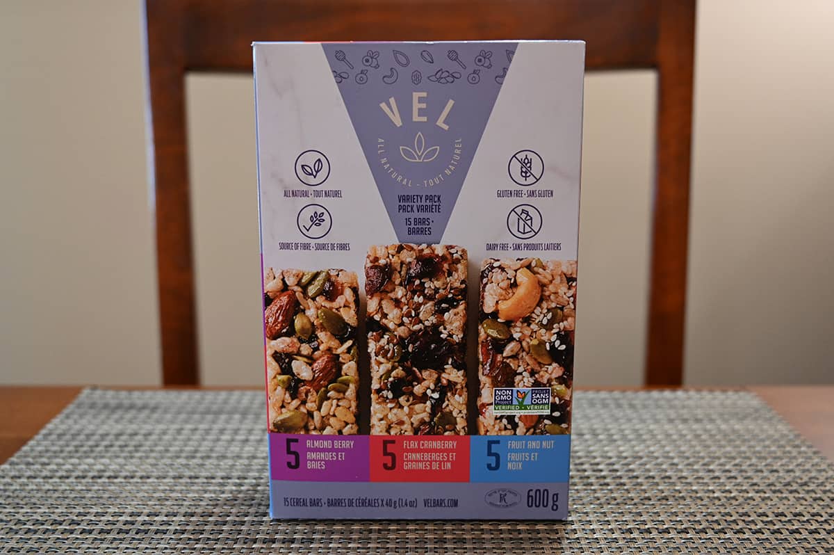 Image of the Costco Vel Cereal Bars box unopened sitting on a table.