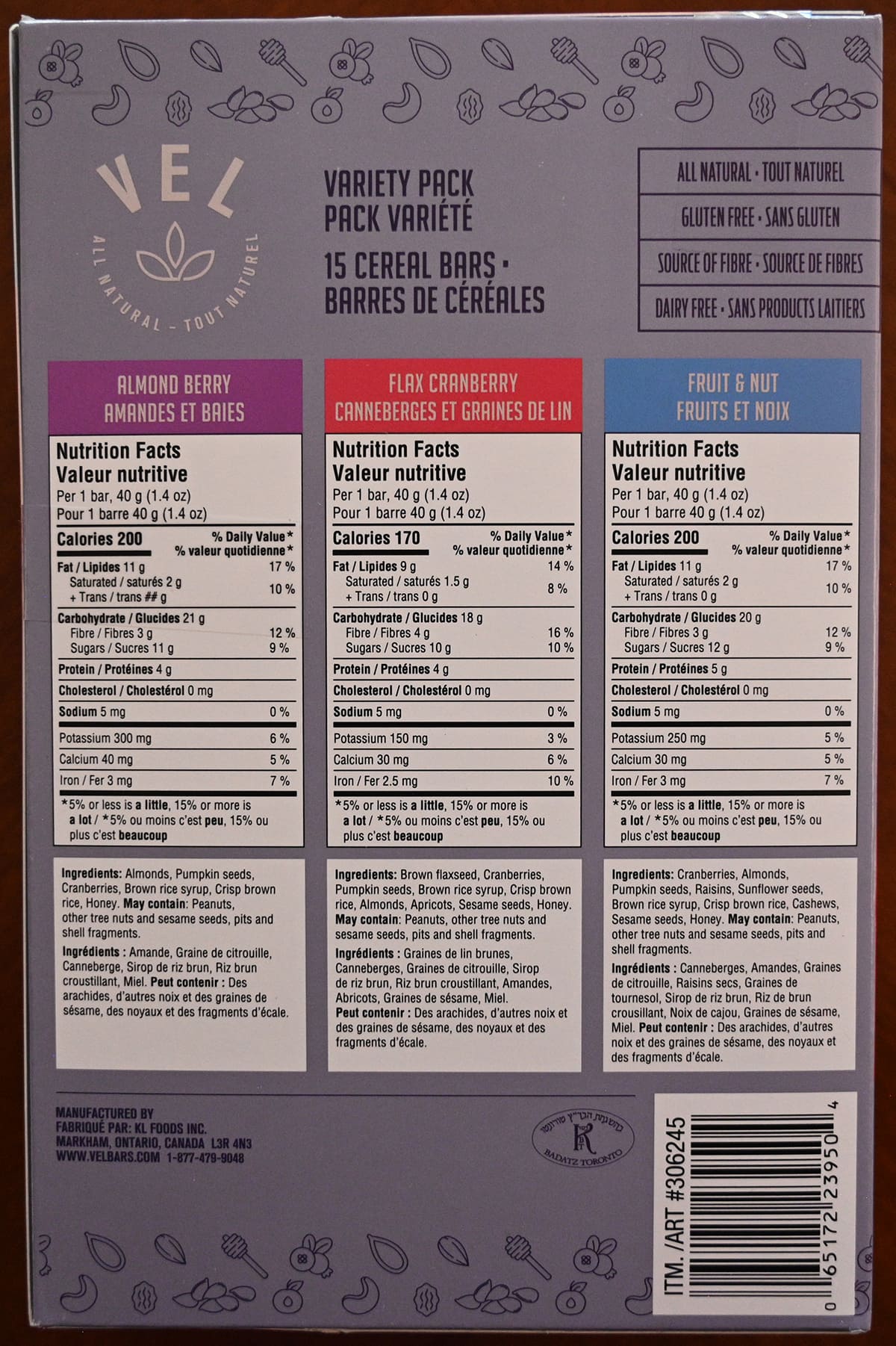 Image of the back of the box of the Vel cereal bars showing ingredients, nutrition facts and product description.