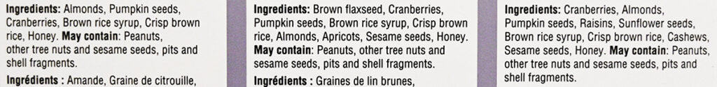 Image of the ingredients list for the Vel cereal bars from the back of the box.