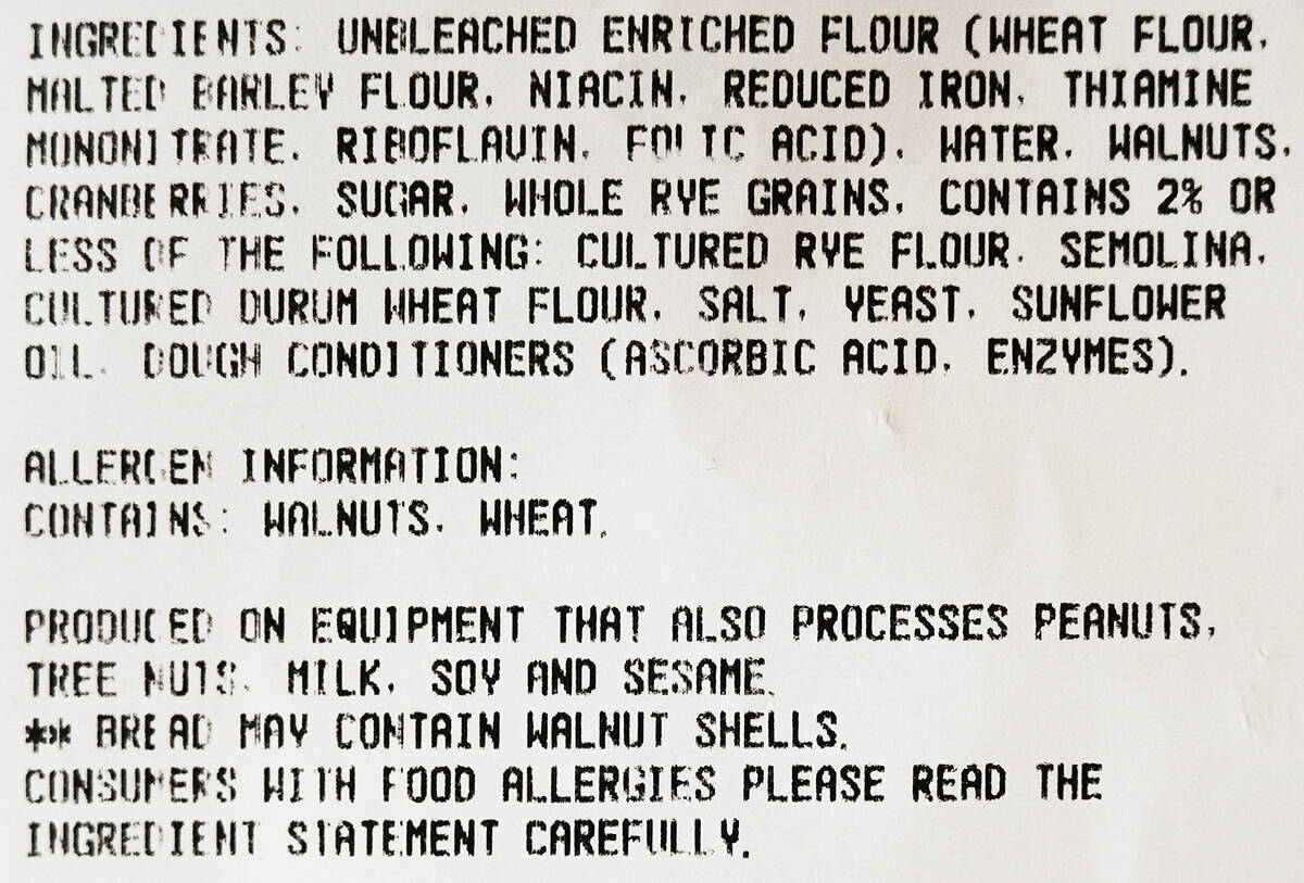 Image of the ingredients list for the cranberry walnut bread from the package.