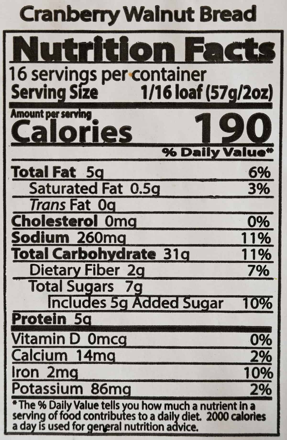 Image of the nutrition facts for the cranberry walnut bread from the package.