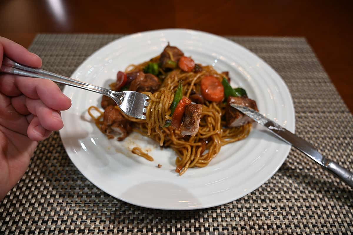 Side view image of a fork with yakisoba on it, in the background is a plate of yakisoba.