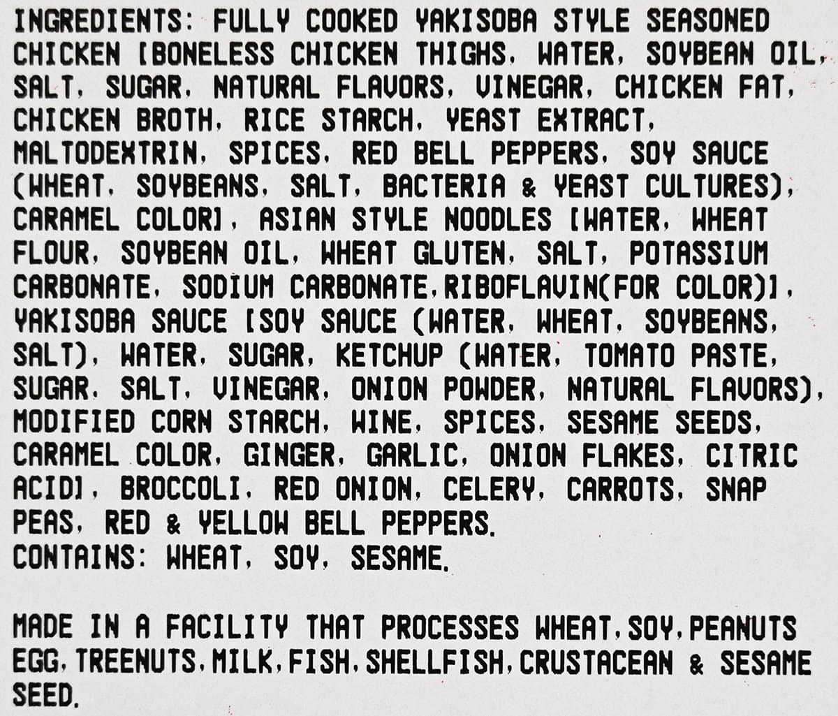 Closeup image of the ingredients list for the yakisoba from the front label.