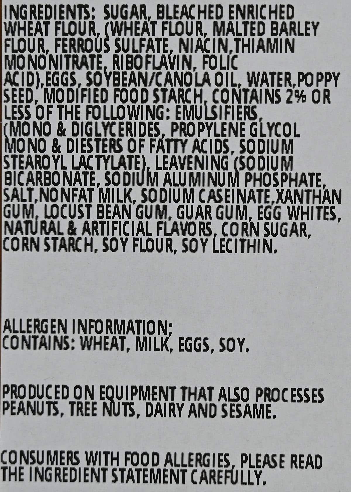 Costco Kirkland Signature Almond Poppy Ingredients from package.
