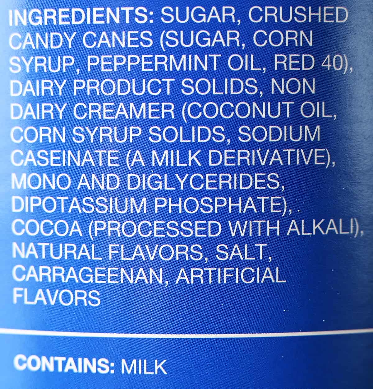 Image of the candycane hot cocoa ingredients from the back of the container.