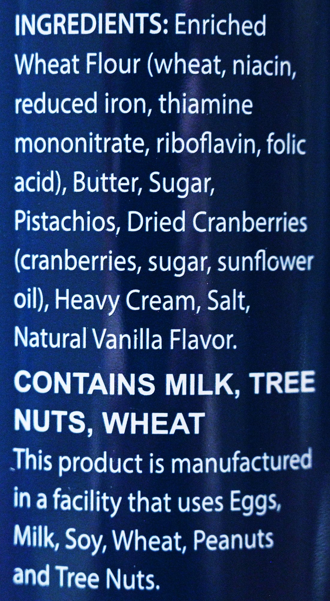 Image of the ingredients list for the cookies from the tin.