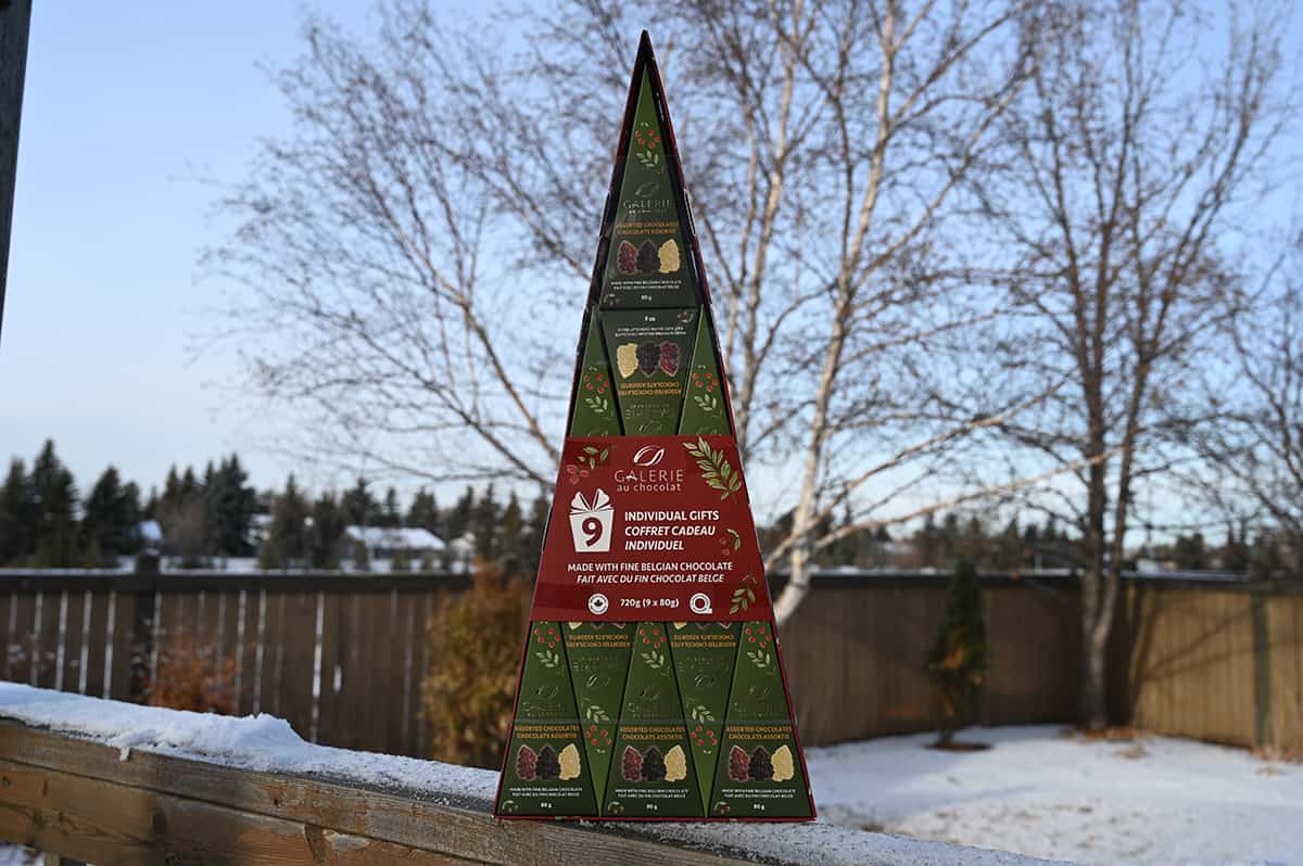 Image of the large Costco Galerie Au Chocolate Assorted Chocolates gift box sitting on a deck outside with snow and trees in the background.