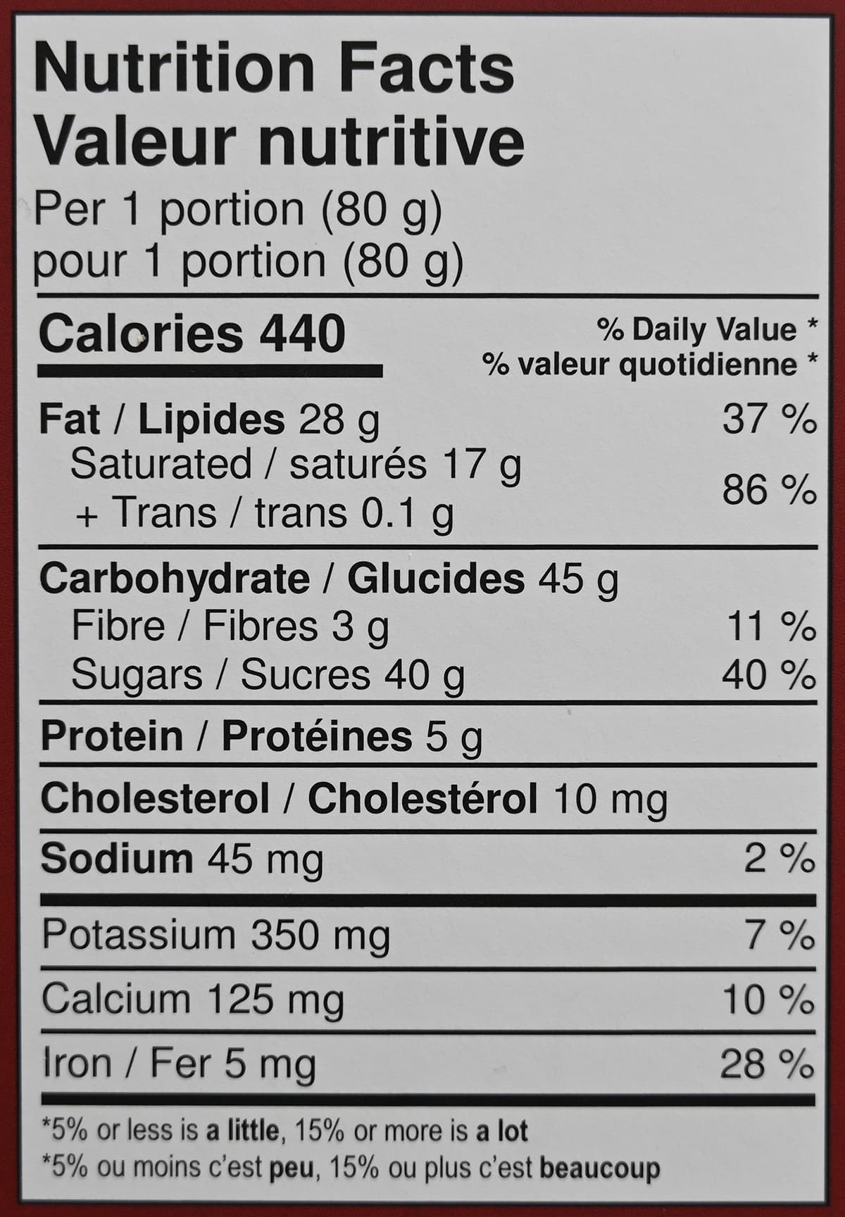 Image of the nutrition facts for the chocolates from the back of the box.