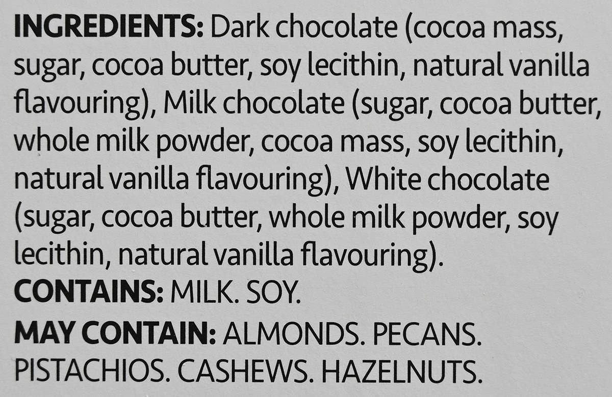 Image of the ingredients for the chocolates from the back of the box.