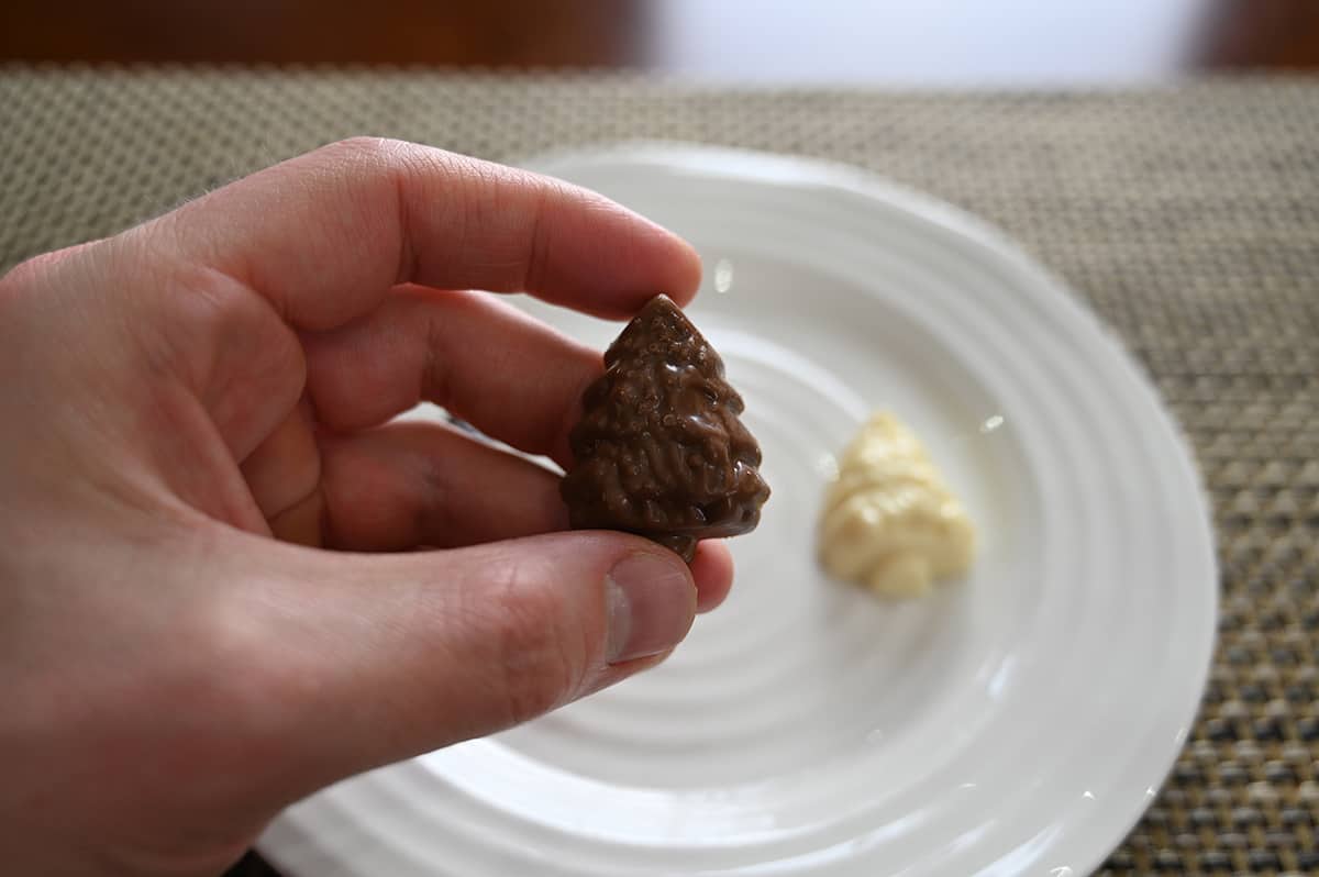 Closeup image of a hand holding one unwrapped milk chocolate close to the camera.