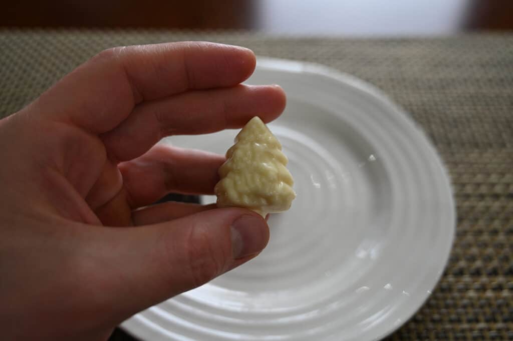 Closeup image of a hand holding one unwrapped white chocolate close to the camera.