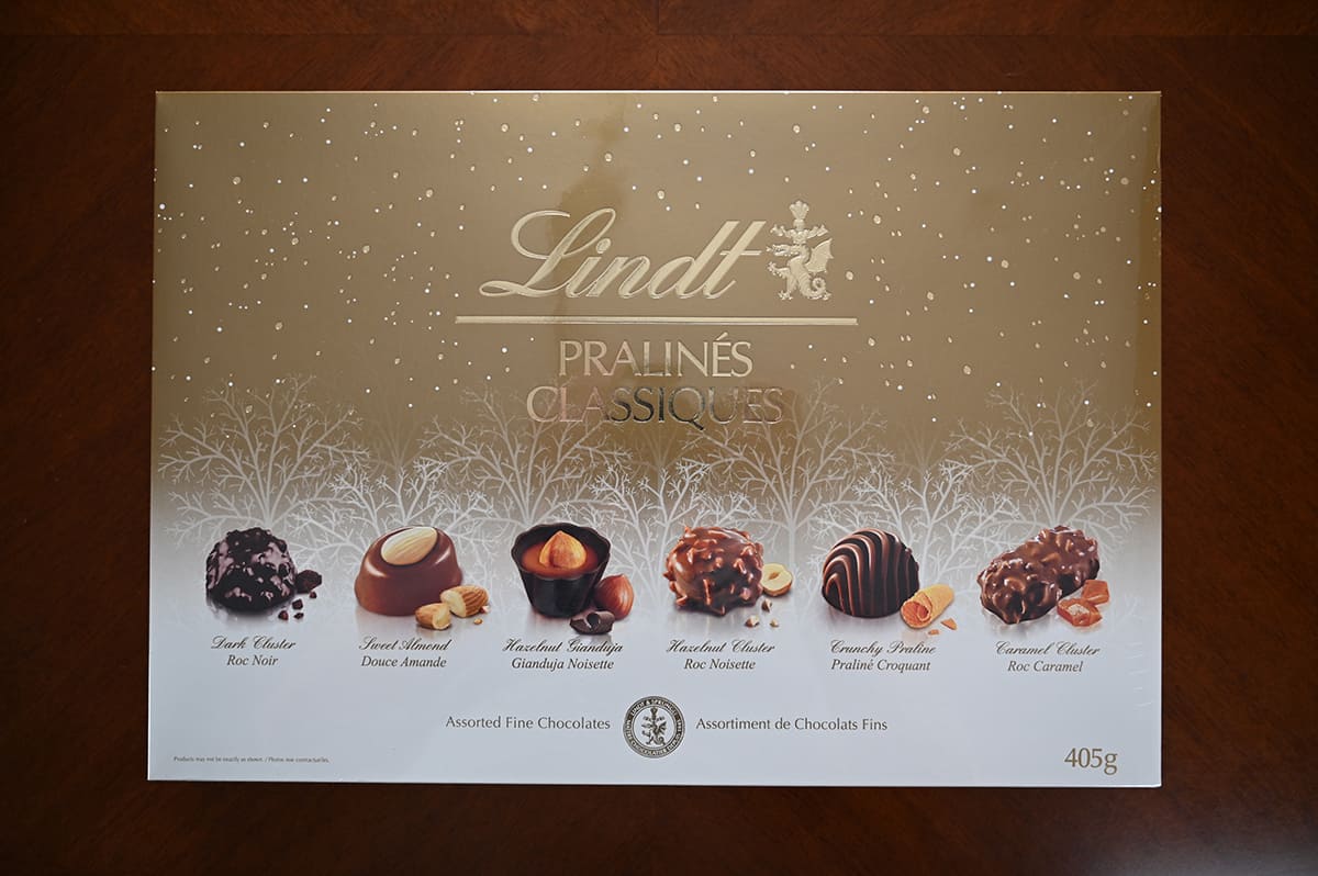 Image of the Costco Lindt Pralines Classiques box unopened sitting on a table.