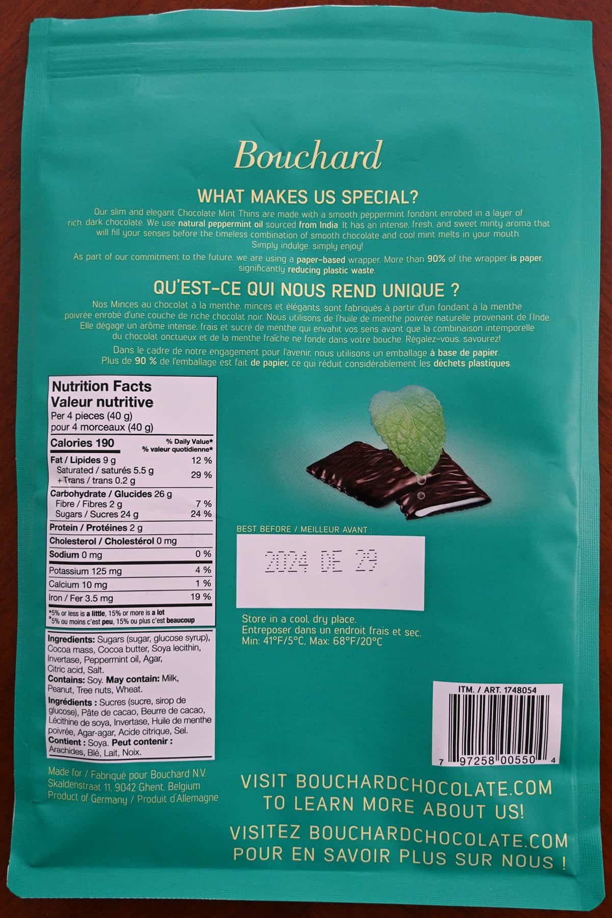 Image of the back of the bag of mint chocolates showing expiry date, product description and they they're made in Belgium.
