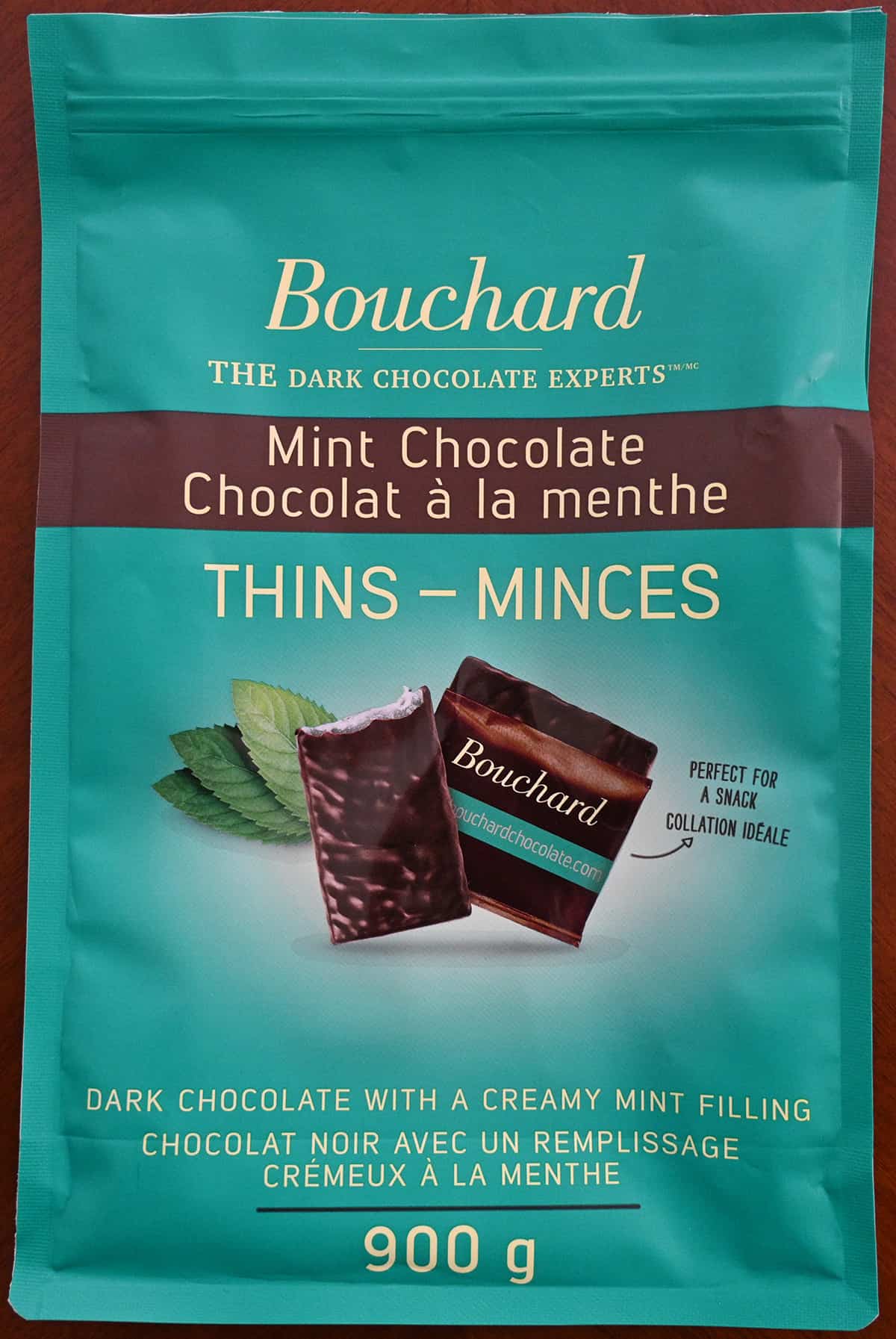 Closeup image of the front of the bag of mint chocolate thins showing weight of bag.