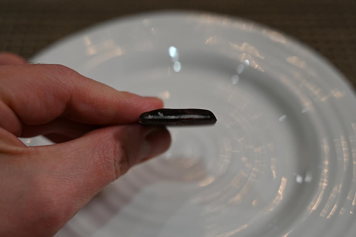 Closeup image of a hand holding one mint chocolate close to the camera with a bite taken out of it so you can see the center.