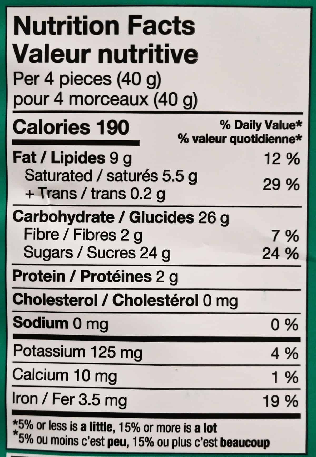 Image of the nutrition facts for the chocolates from the back of the bag.