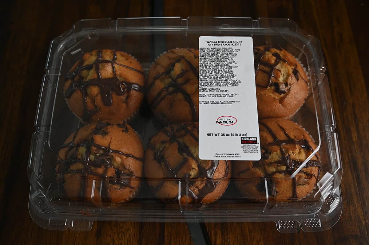 Top down image of the six pack of Costco Vanilla Chocolate Chunk Muffins with the lid closed.