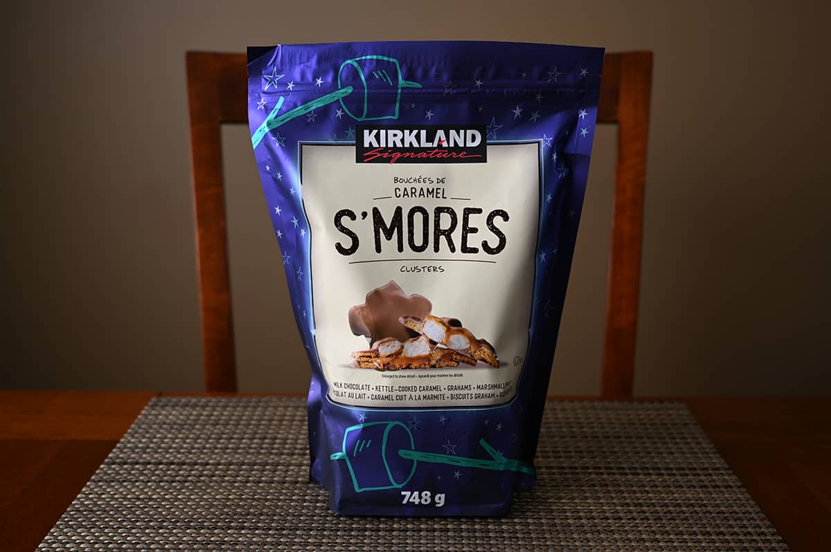 Image of the Costco Kirkland Signature S'mores Clusters bag sitting on a table unopened.