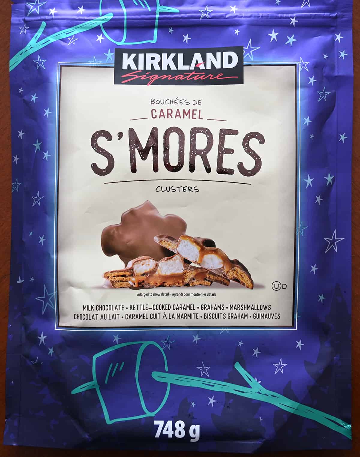 Closeup image of the front of the s'mores bag showing weight of the bag and product description.