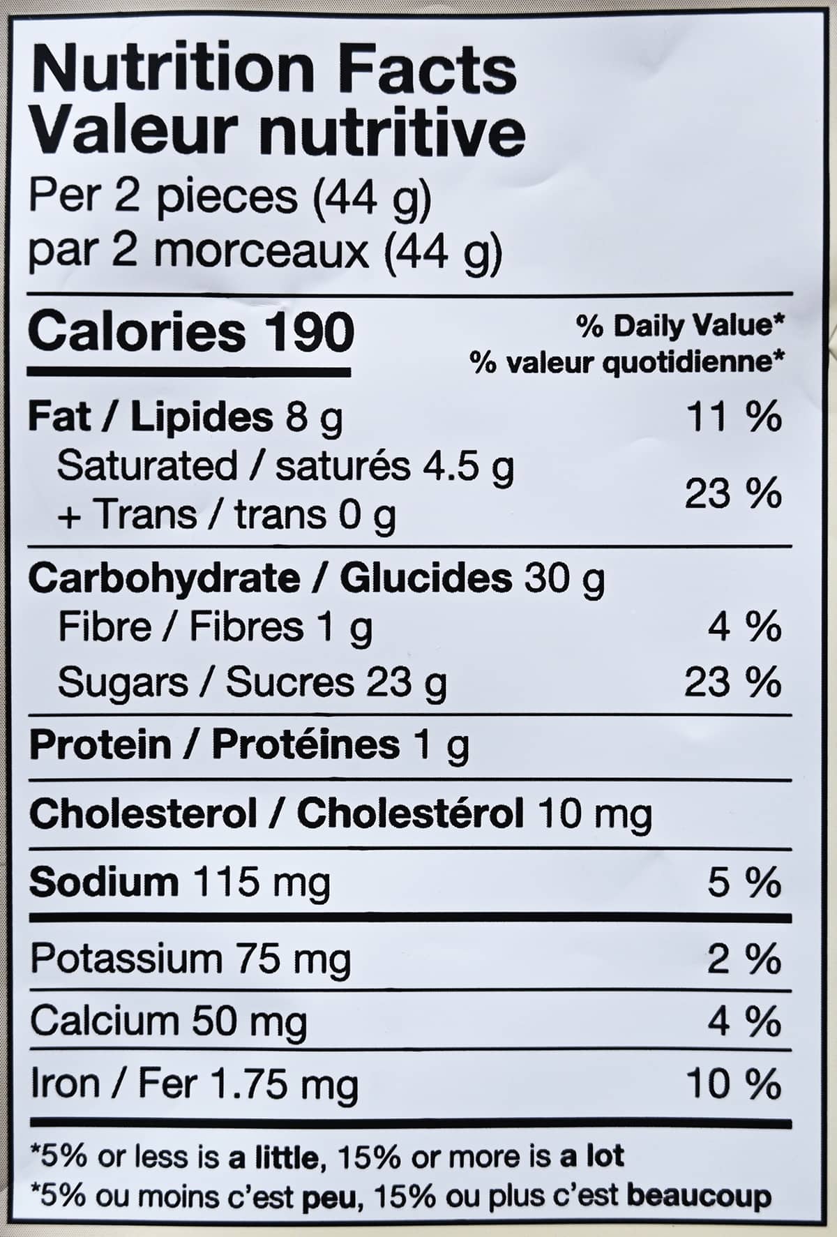 Image of the nutrition facts for the s'mores clusters from the back of the bag.