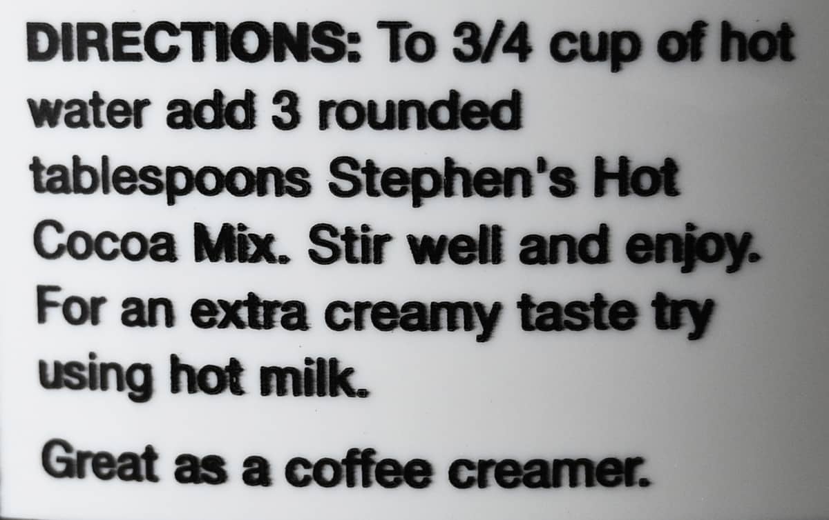 Image of the milk chocolate cocoa directions for mixing from the back of the container.