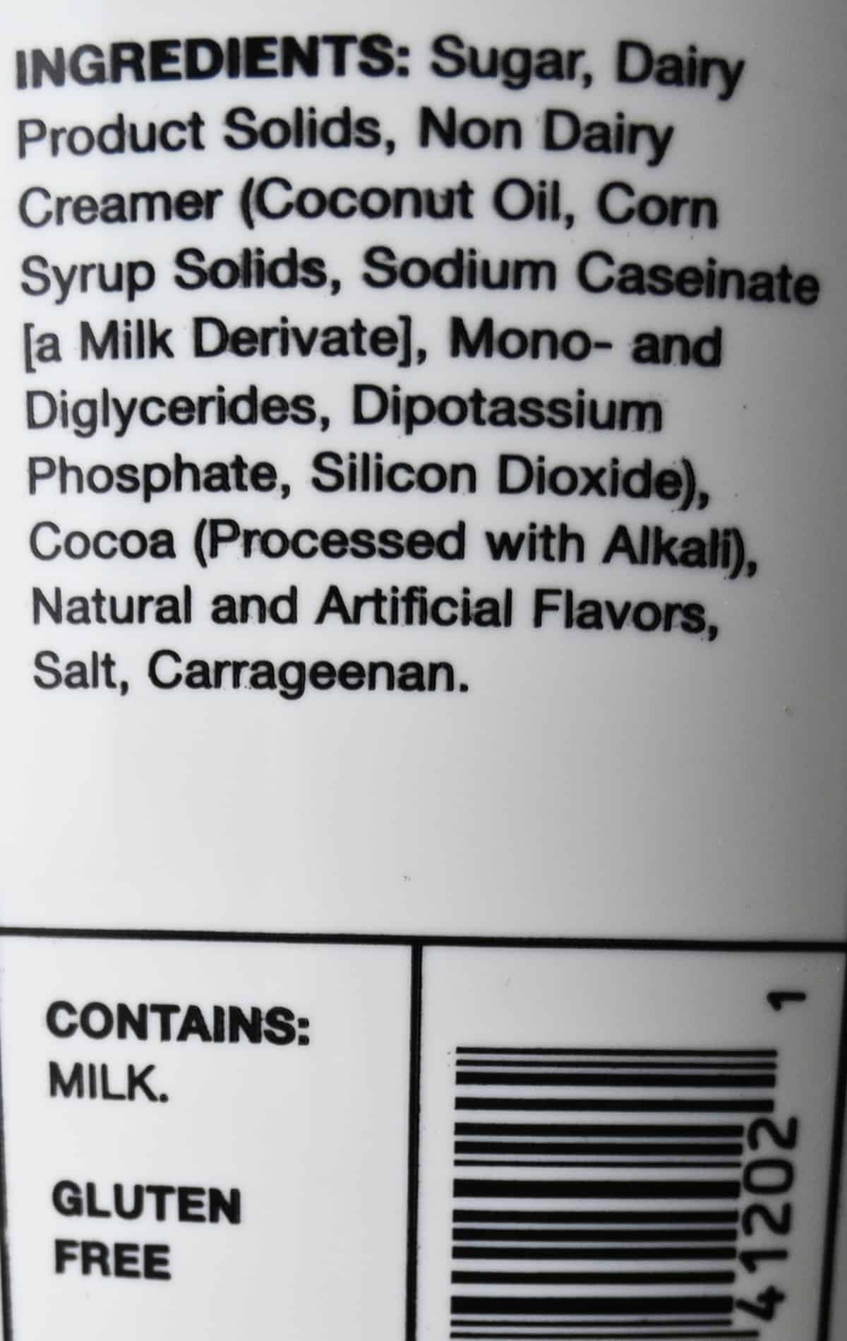 Image of the milk chocolate hot cocoa ingredients from the back of the container.