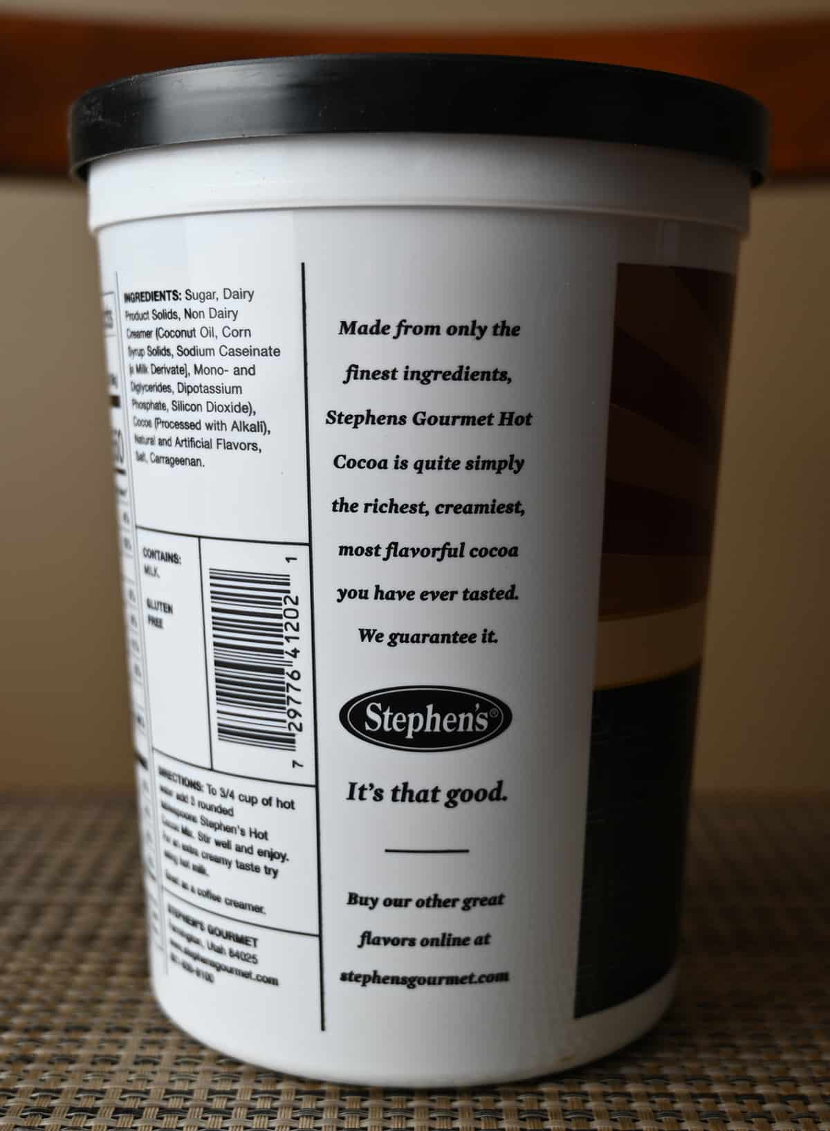 Image of the product description for the hot cocoa from the back of the tub.