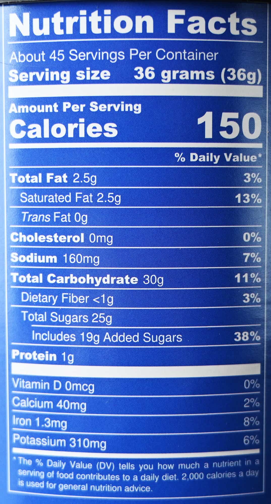 Image of the nutrition facts for the candycane hot cocoa.